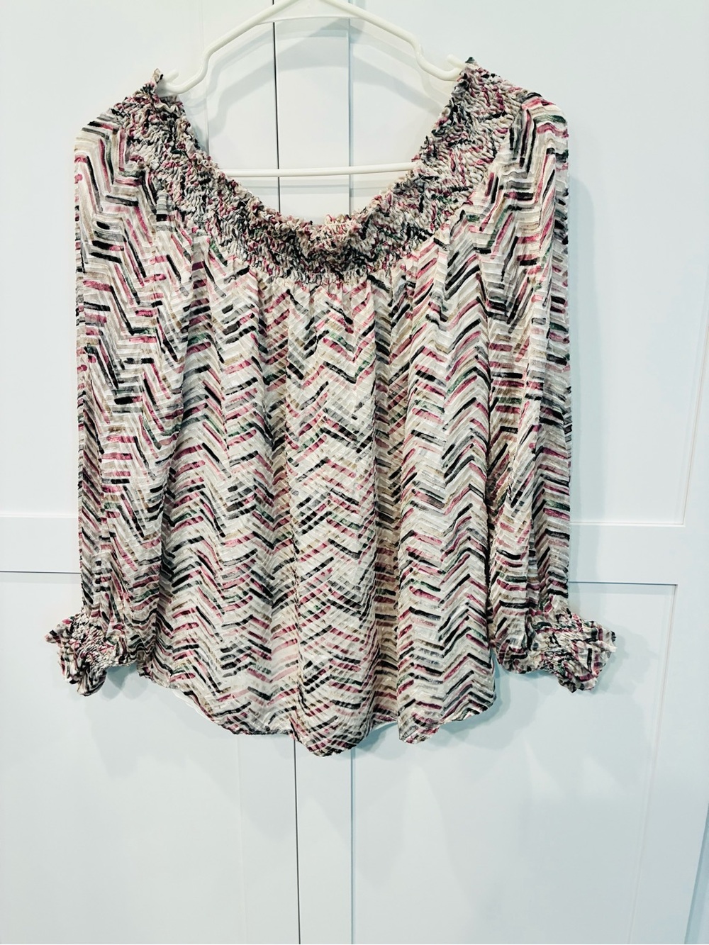 White House Black Market Smocked Off-Shoulder Chevron Top in Pink, Black & White